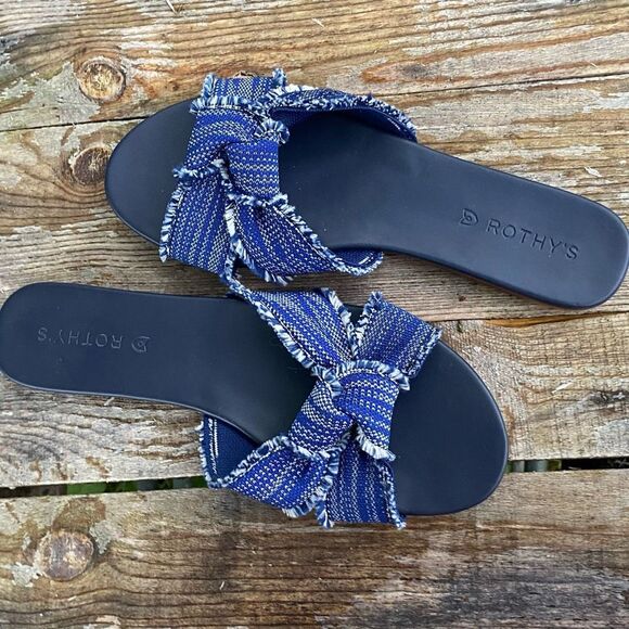 ROTHY'S The Knot Indigo Blue Denim Frayed Slip on Sandals Wm’s Sz 9.5 - Picture 6 of 7